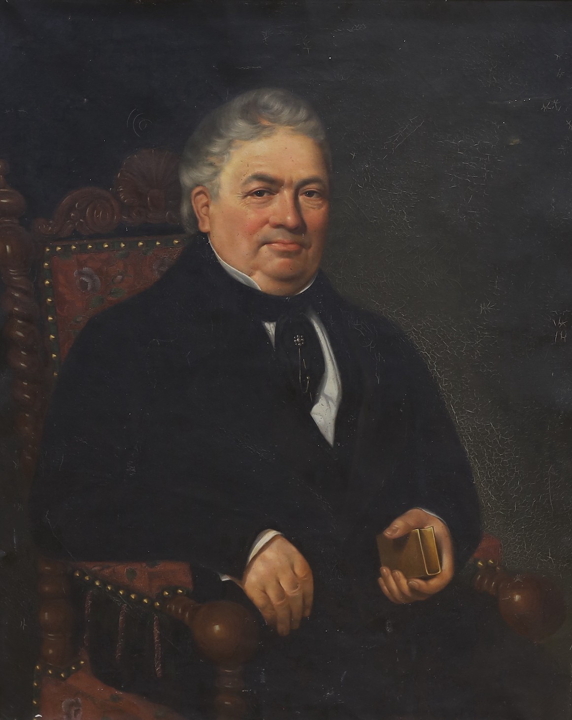 19th century English School, oil on canvas, Half length portrait of a seated gentleman, 100 x 80cm